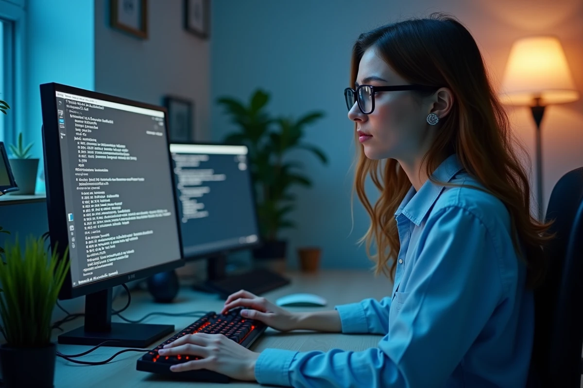 Femme utilisant un terminal Linux pour accéder à l'adresse IP 192.168.1.230 sur un poste de travail