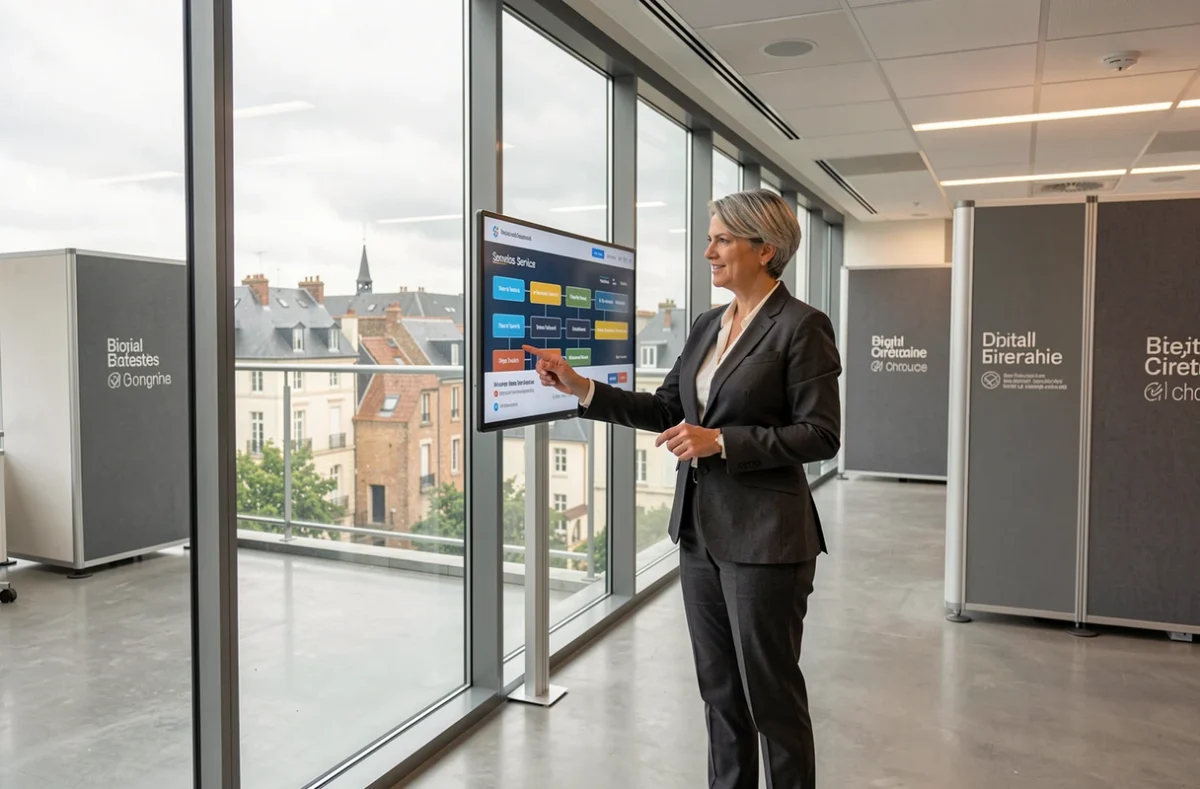 Consultante d'ACELYS Services Numériques présentant une feuille de route de transformation digitale dans leurs bureaux