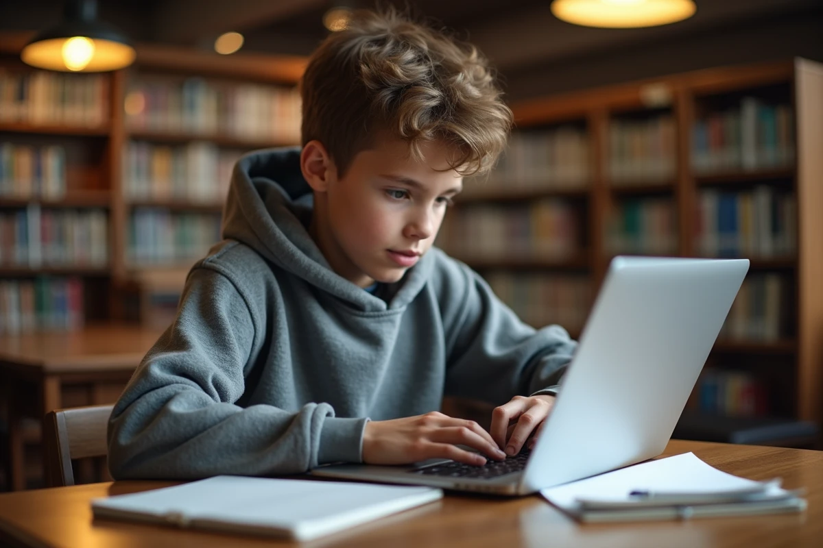 Adolescent étudiant utilisant un ordinateur dans une bibliothèque