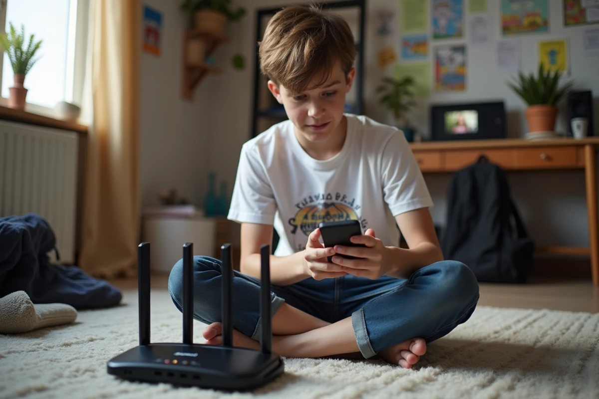 Adolescent comparant la clé de sécurité réseau de sa box internet avec son smartphone pour se connecter au Wi-Fi