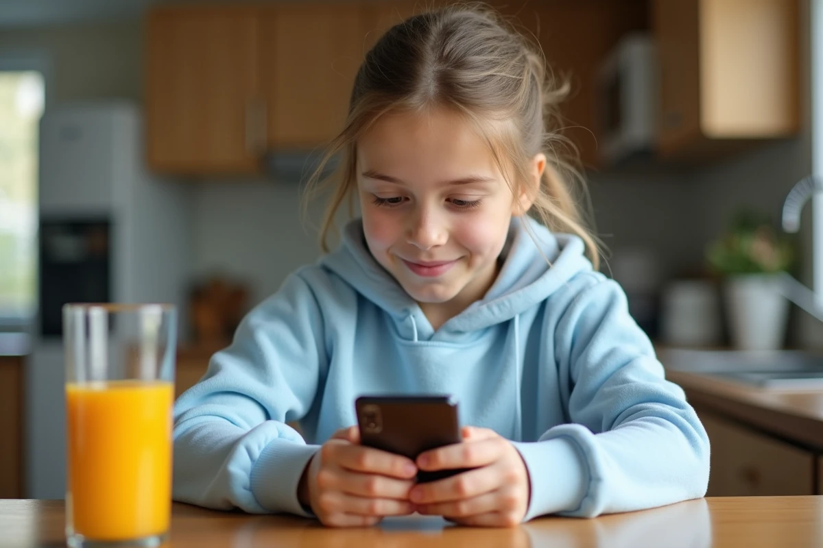 Adolescente utilisant un Samsung Galaxy A25 à la table de cuisine, premier smartphone pour ado
