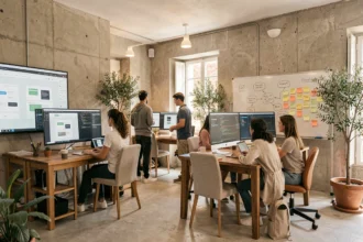 Vue d'ensemble d'une agence de développement web moderne dans le Gard avec des professionnels travaillant sur des projets digitaux