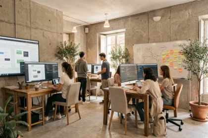 Vue d'ensemble d'une agence de développement web moderne dans le Gard avec des professionnels travaillant sur des projets digitaux