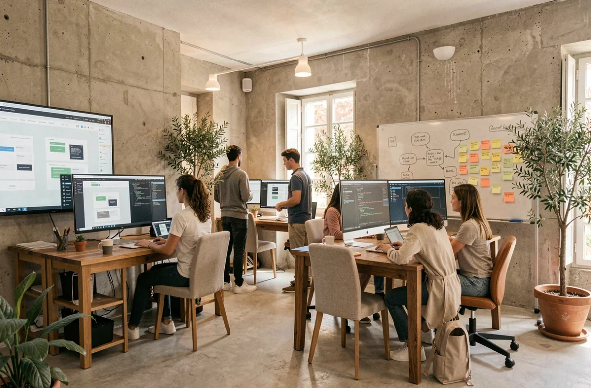 Vue d'ensemble d'une agence de développement web moderne dans le Gard avec des professionnels travaillant sur des projets digitaux