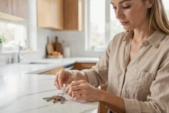 Femme attachant un Apple AirTag à ses clés de maison dans une cuisine moderne