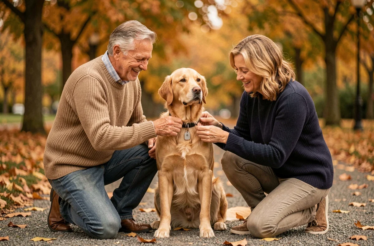 Couple accrochant un Apple AirTag sur le collier de leur chien golden retriever dans un parc en automne