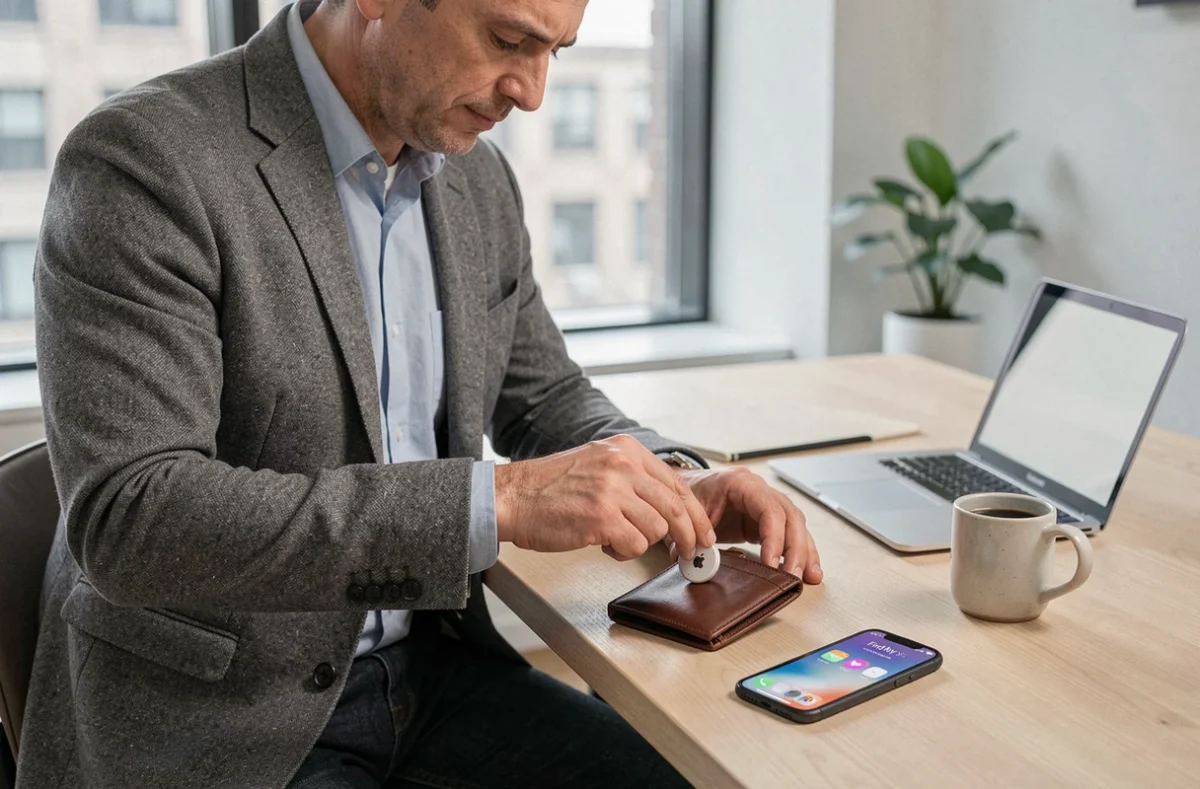 Homme insérant un Apple AirTag dans son portefeuille en cuir au bureau