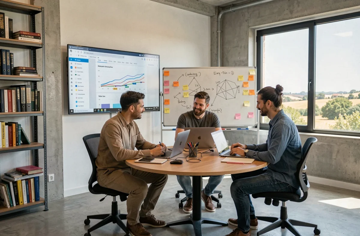 Équipe d'ALGODIA collaborant sur une application web complexe dans leurs locaux modernes du Gard