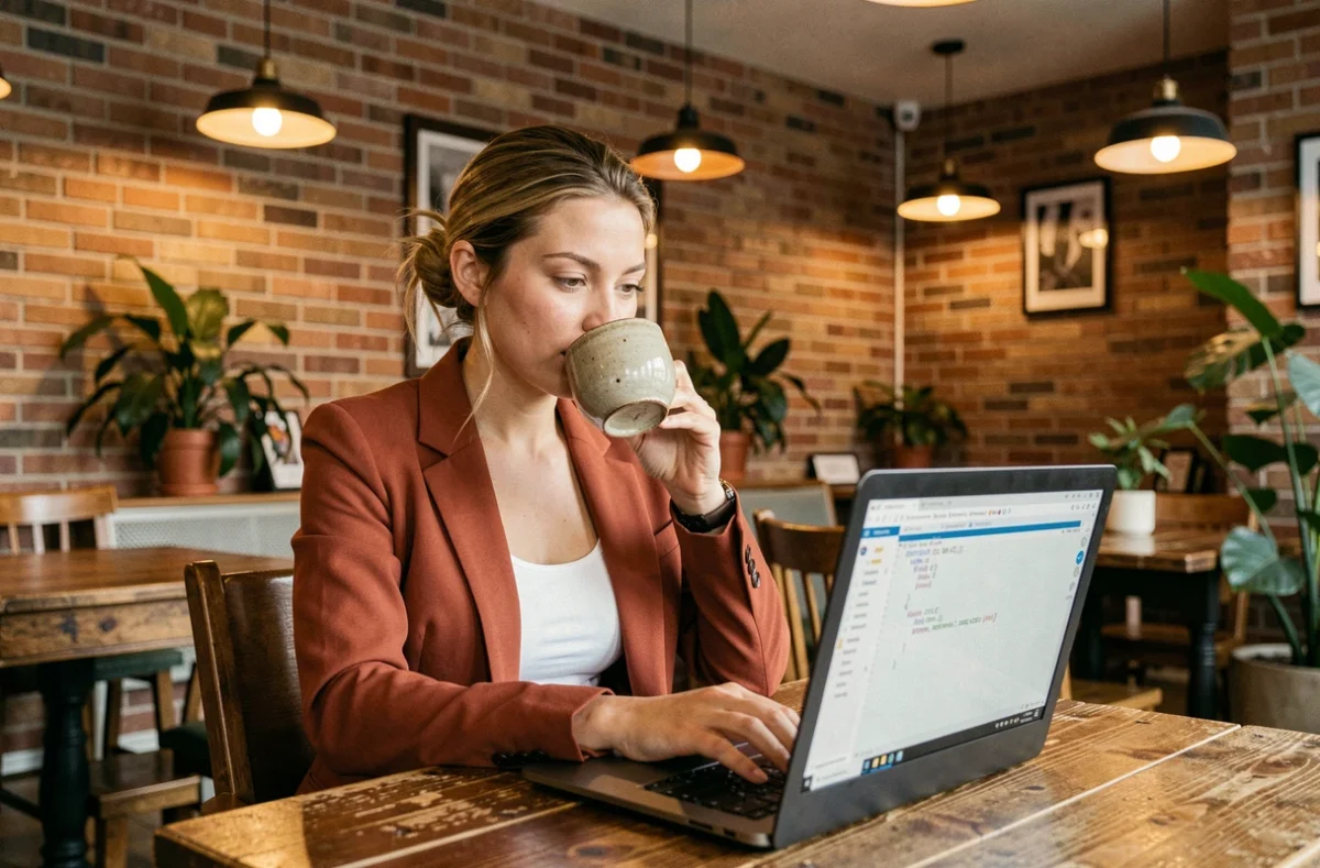 Analyste de données travaillant sur un script Python et JSON dans un café co-working chaleureux