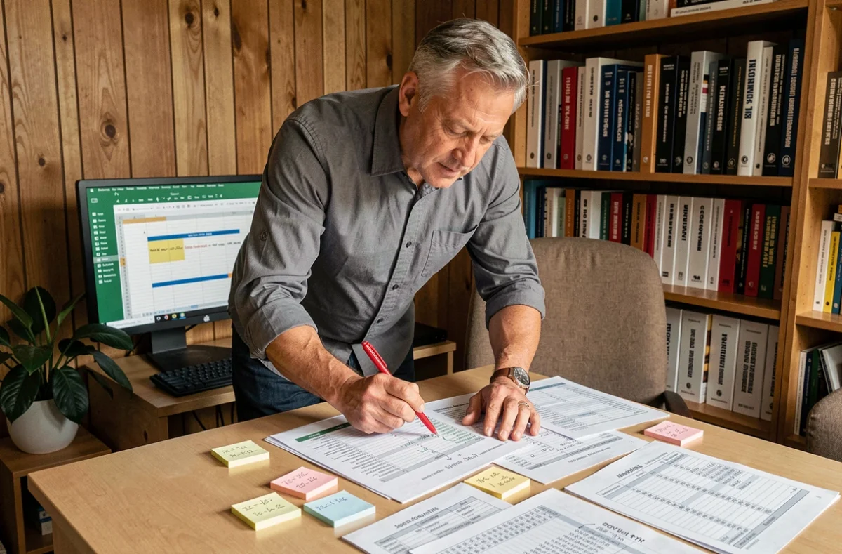 Homme annotant des formules de calcul de différence de dates sur des feuilles imprimées avec Excel visible en arrière-plan