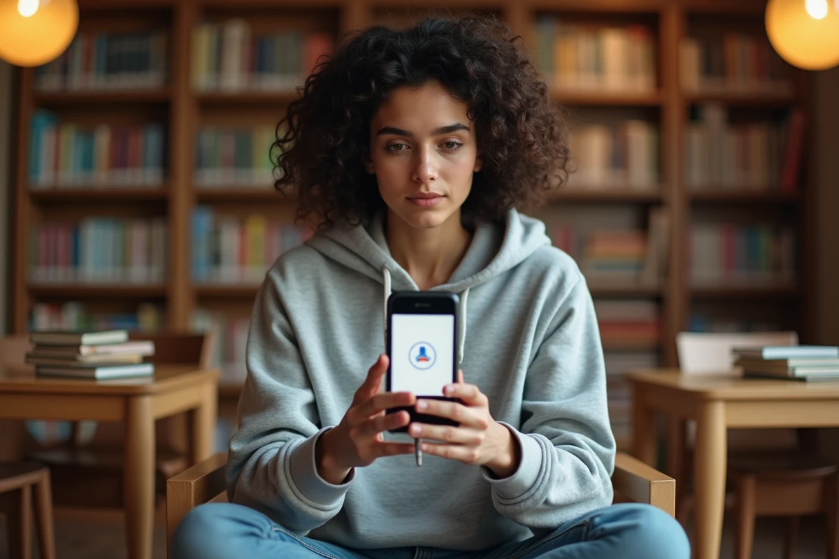 Étudiante vérifiant une authentification à deux facteurs pour protéger son compte webmail en bibliothèque universitaire
