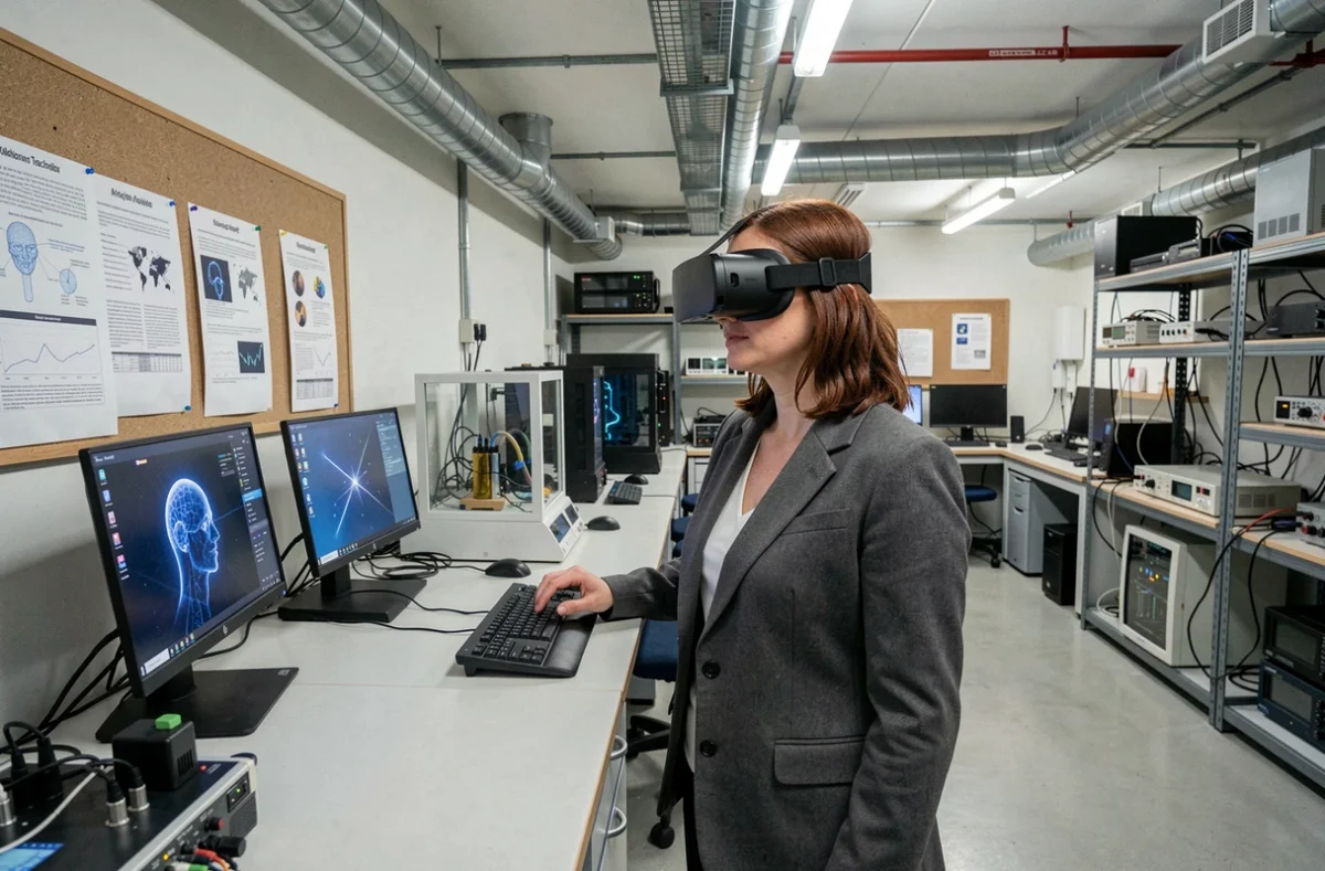 Chercheuse portant un casque de réalité mixte dans un laboratoire de recherche appliquée en IA et technologies immersives pour bcom