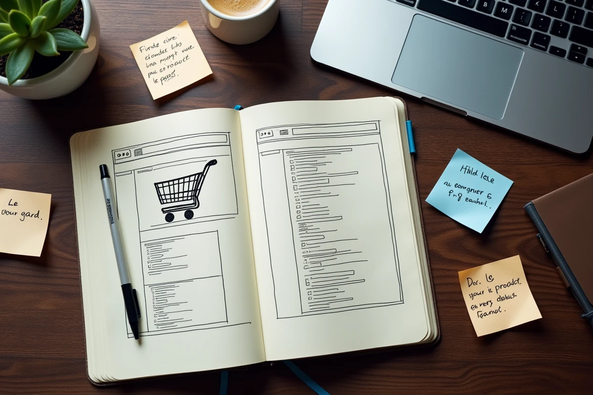 Vue aérienne d'un bureau de développeur avec wireframes HTML e-commerce, carnet de notes et ordinateur portable