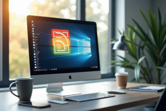 Espace de travail moderne avec écran RSS coloré et accessoires