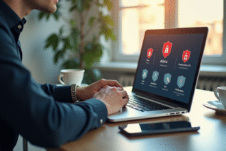 Personne au bureau regardant un écran avec icônes antivirus