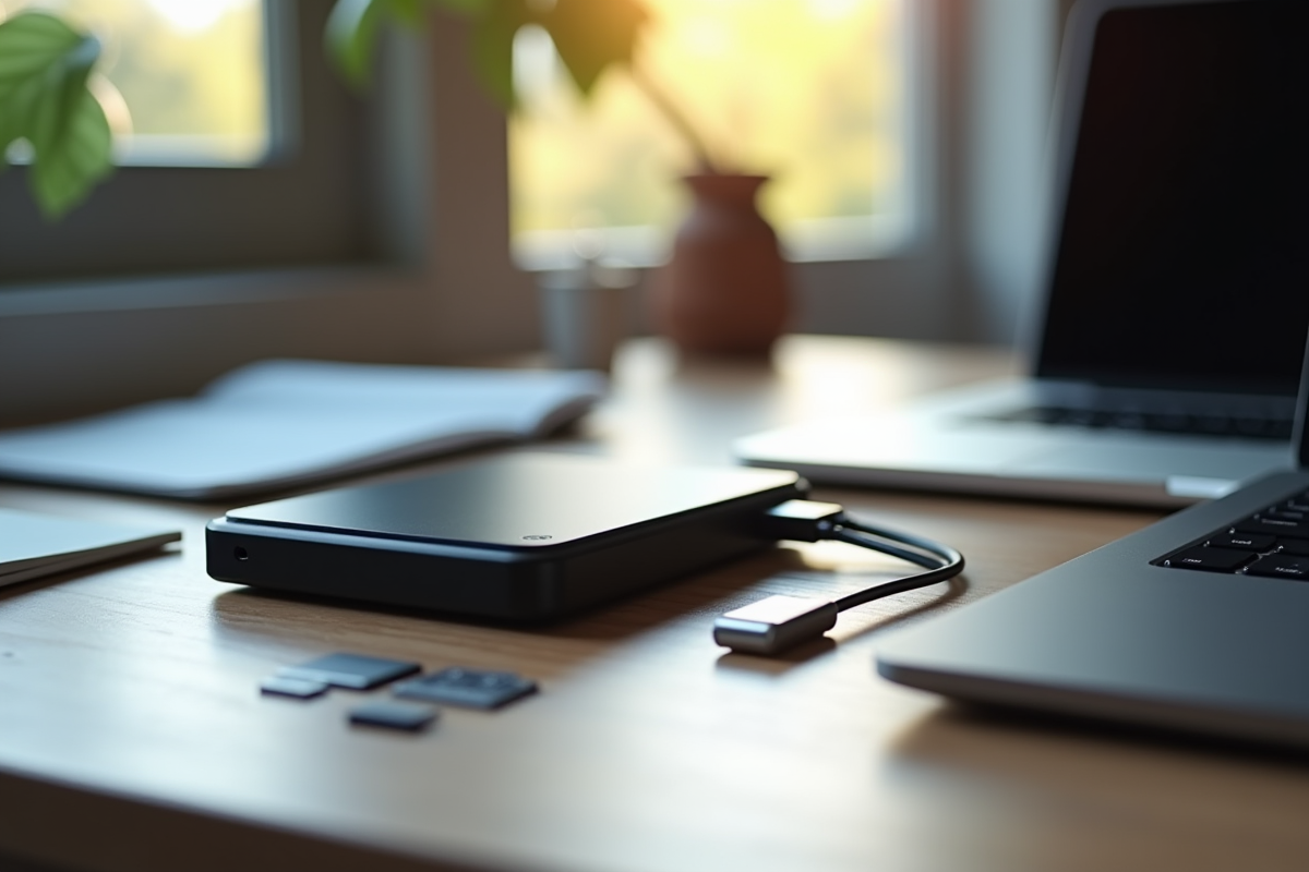 Bureau moderne avec disque dur externe et clés USB