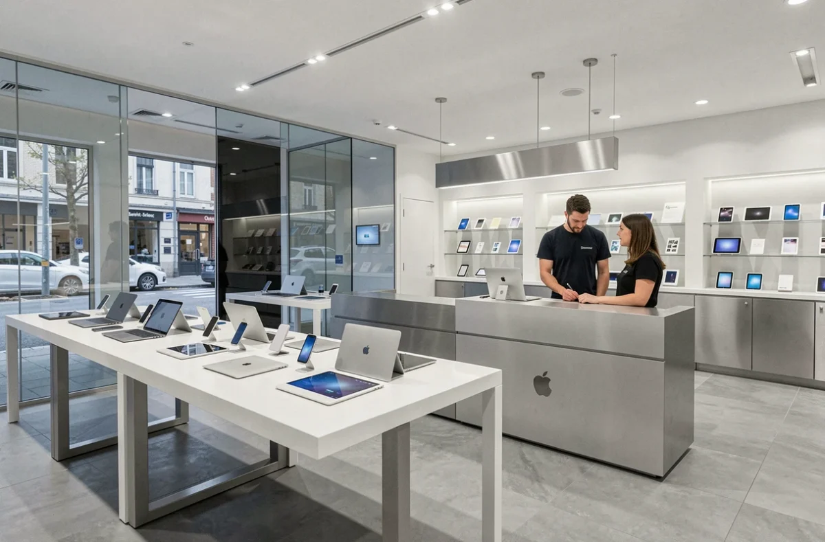 Intérieur du magasin C&C Apple Premium Reseller à Saint-Brieuc avec tables d'exposition et comptoir de réparation