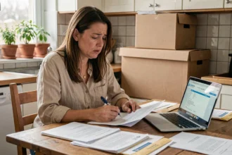 Femme effectuant un changement d'adresse avec des documents officiels et un ordinateur portable sur une table de cuisine lors d'un déménagement