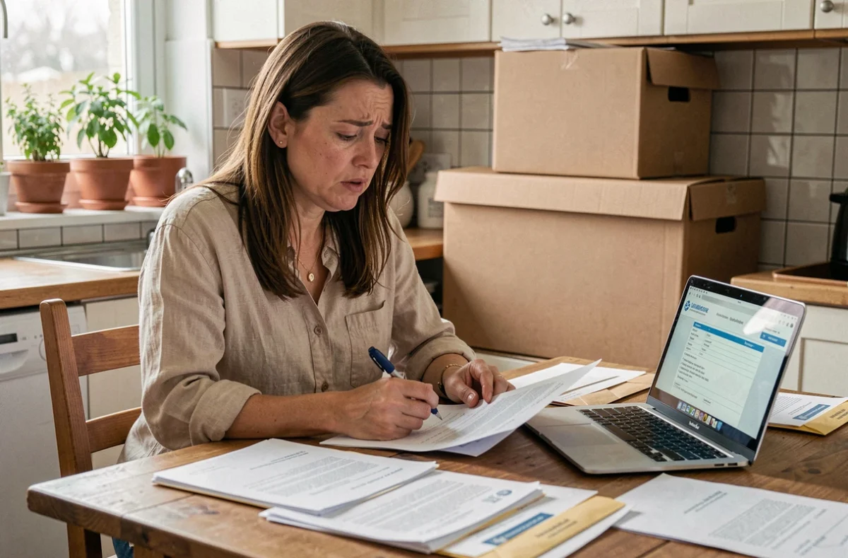 Femme effectuant un changement d'adresse avec des documents officiels et un ordinateur portable sur une table de cuisine lors d'un déménagement