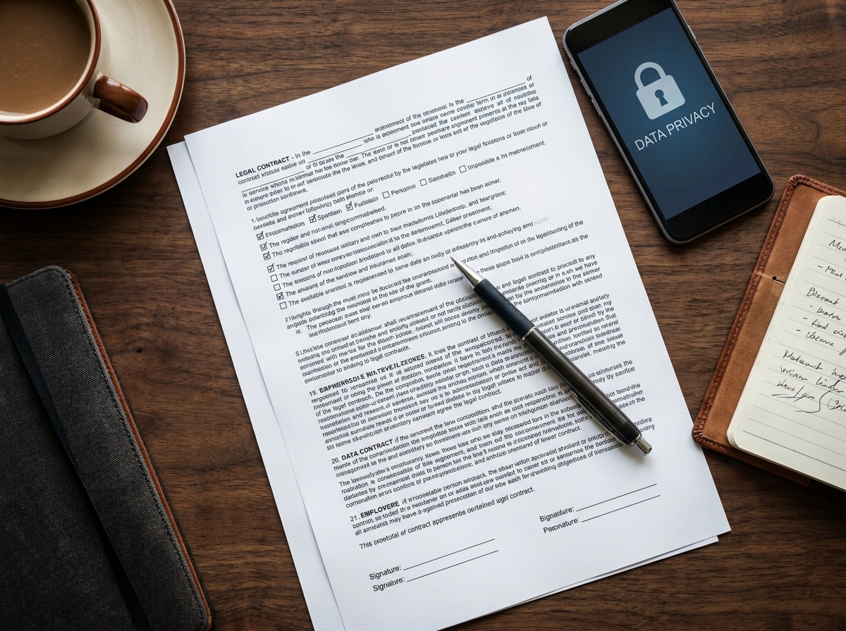 Vue de dessus d'un contrat informatique avec liste de vérification sécurité, stylo et smartphone sur un bureau en bois
