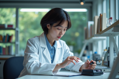 Jeune chercheuse étudie un circuit neuromorphe dans un laboratoire