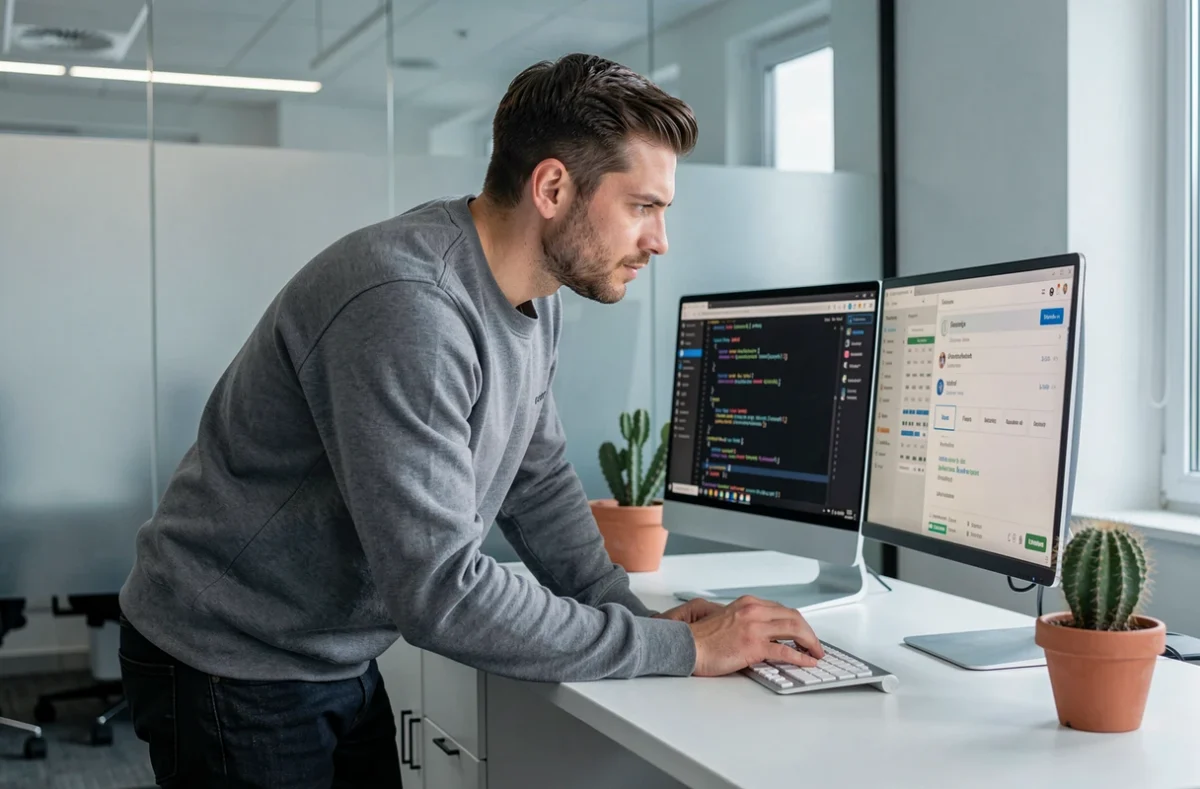 Développeur de CLICSOFT analysant du code sur plusieurs écrans dans un bureau épuré