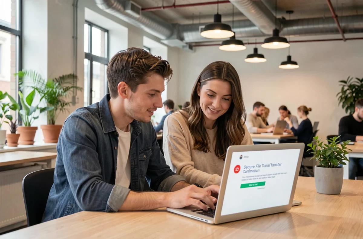 Deux professionnels créatifs collaborant sur l'envoi sécurisé de fichiers volumineux dans un espace de co-working moderne