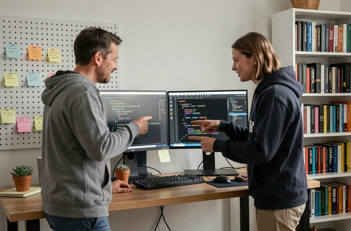 Deux programmeurs collaborant sur du code Python avec dictionnaires et JSON sur double moniteur à domicile
