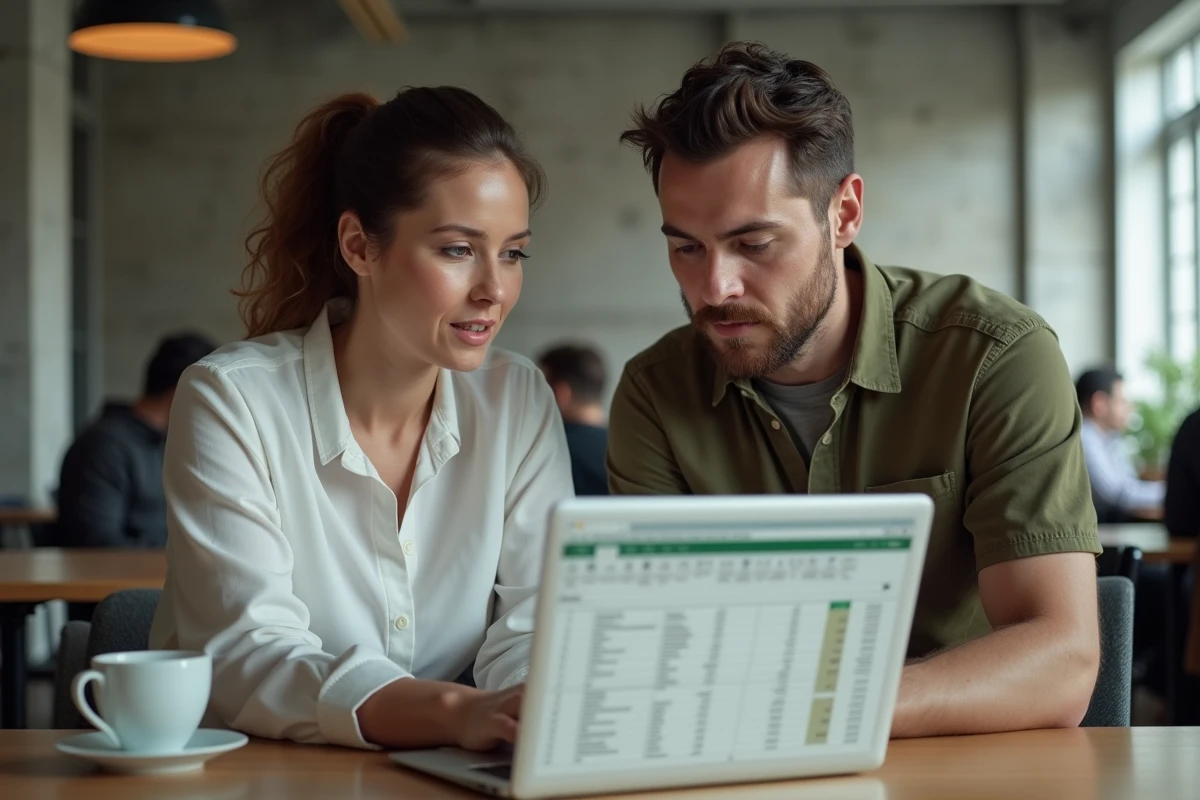Deux collègues collaborant sur un tableau Excel affiché sur un ordinateur portable dans un espace de coworking moderne, discutant de l'inversion de lignes et colonnes