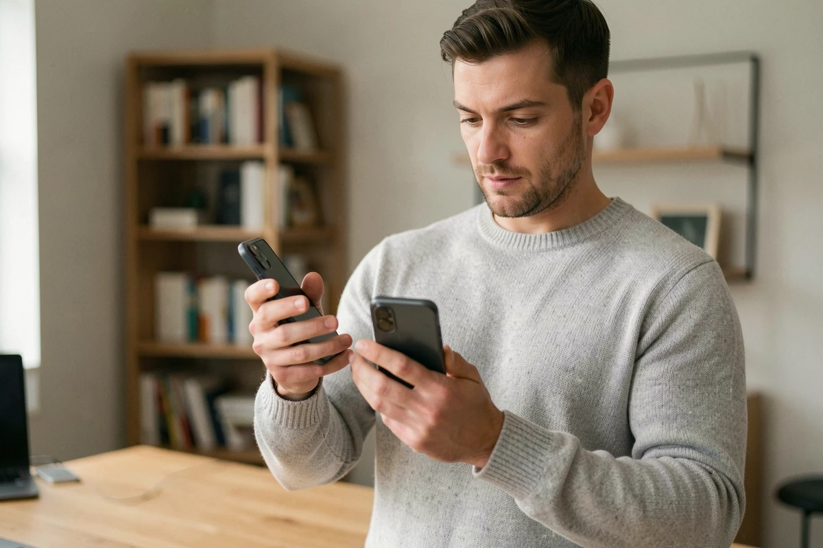 Homme comparant deux smartphones Google Pixel côte à côte dans un bureau minimaliste