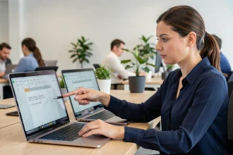 Femme comparant des formules de date sur Google Sheets et Excel sur deux ordinateurs portables côte à côte dans un bureau moderne