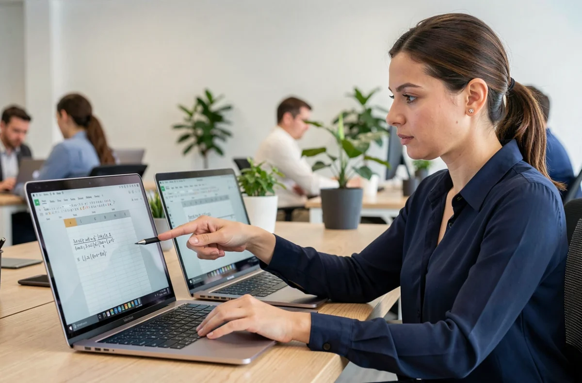 Femme comparant des formules de date sur Google Sheets et Excel sur deux ordinateurs portables côte à côte dans un bureau moderne
