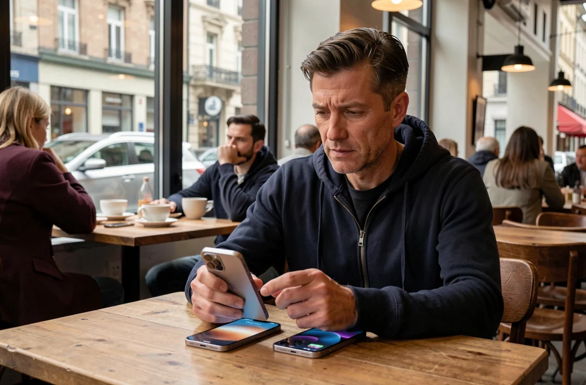 Homme comparant deux smartphones dont un iPhone 14 Pro reconditionné dans un café urbain
