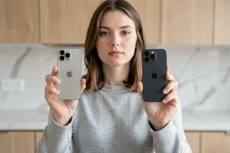Femme tenant côte à côte un iPhone 15 Plus et un iPhone 15 pour comparer leurs dimensions dans une cuisine moderne