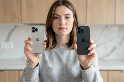Femme tenant côte à côte un iPhone 15 Plus et un iPhone 15 pour comparer leurs dimensions dans une cuisine moderne