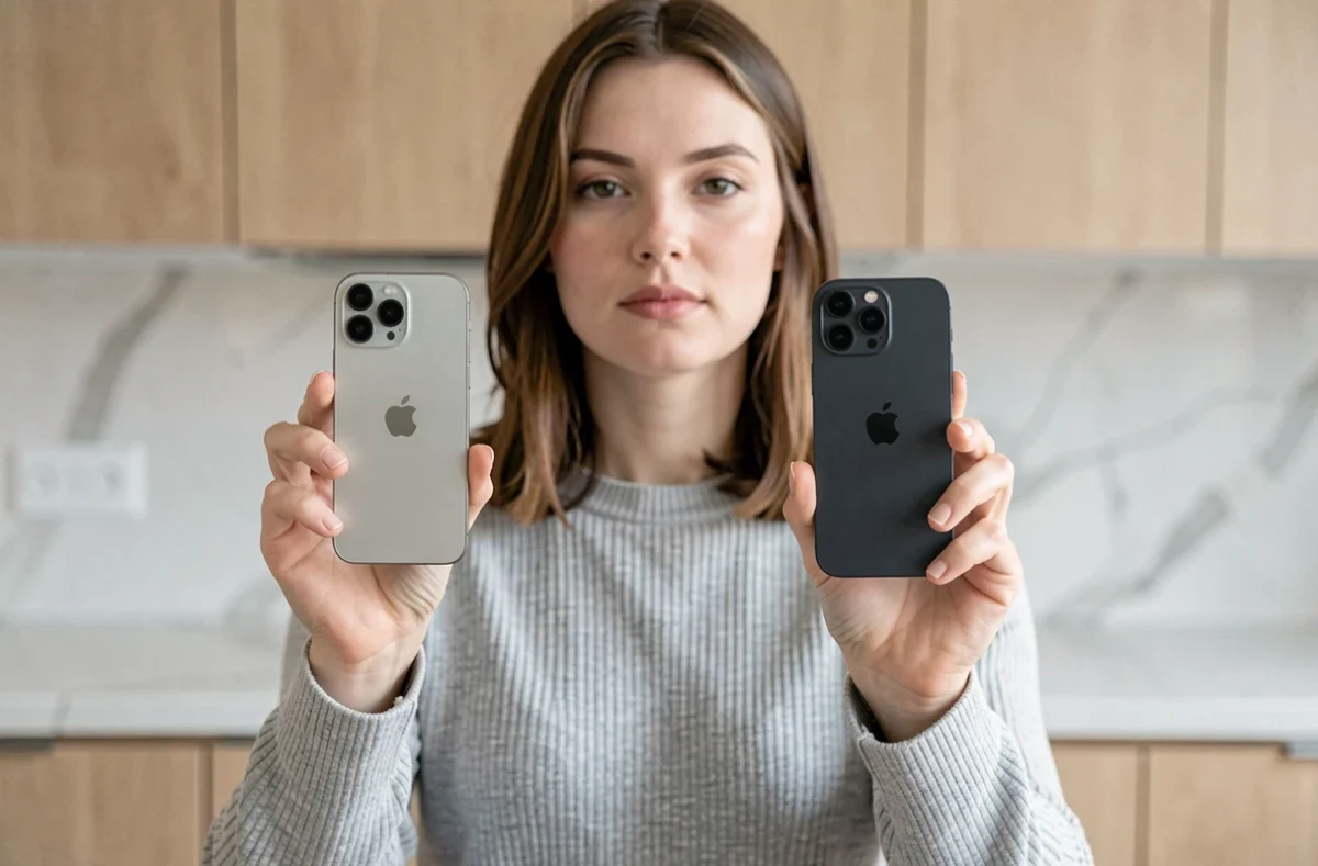 Femme tenant côte à côte un iPhone 15 Plus et un iPhone 15 pour comparer leurs dimensions dans une cuisine moderne
