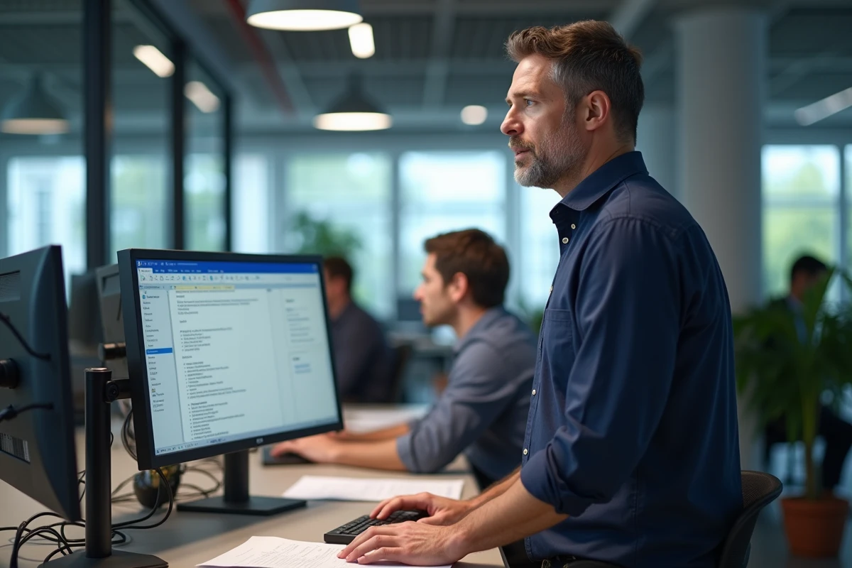 Homme comparant des documents PDF et Word sur double écran dans un open space professionnel