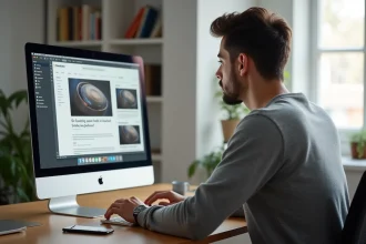 Jeune homme comparant des sites spécialisés Apple sur un iMac dans un bureau moderne