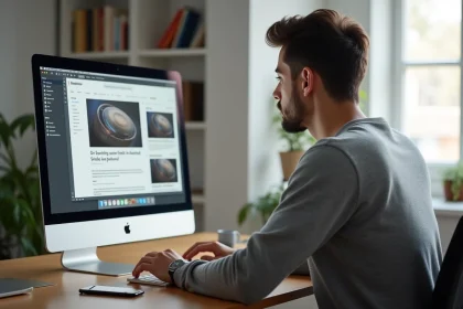 Jeune homme comparant des sites spécialisés Apple sur un iMac dans un bureau moderne