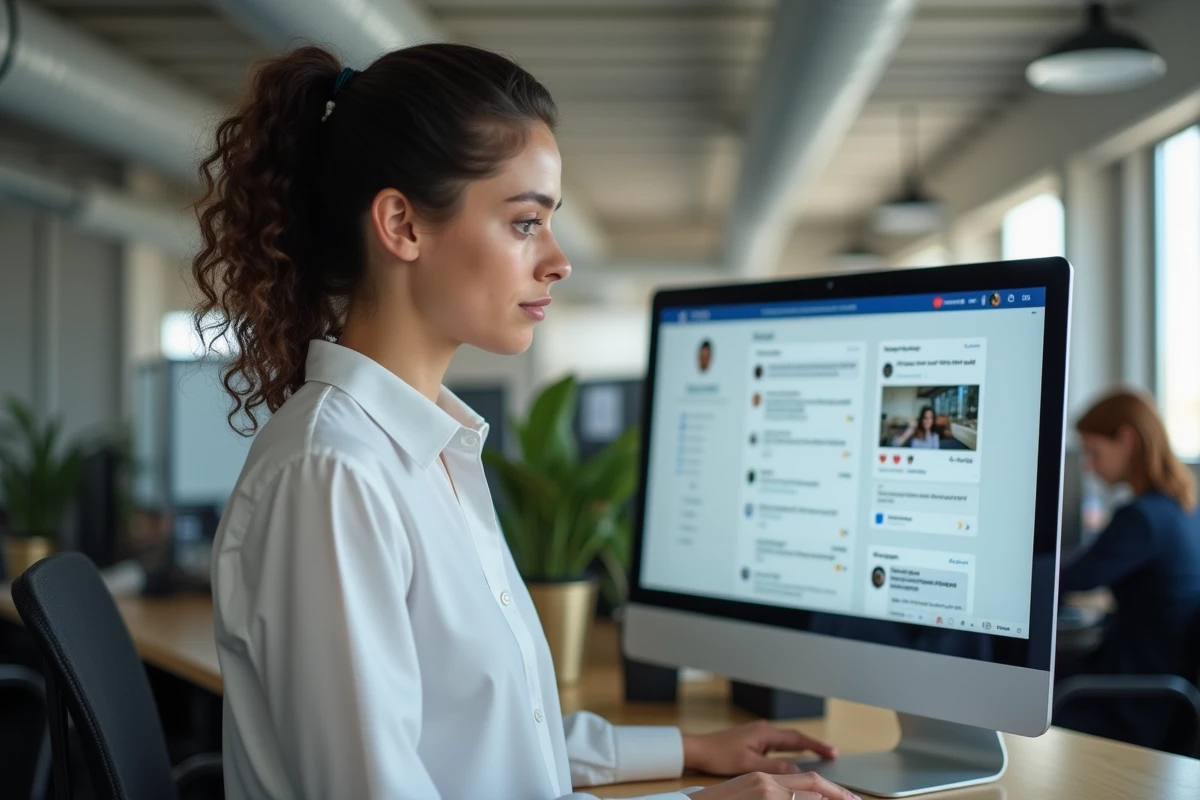 Jeune femme professionnelle comparant des profils de réseaux sociaux sur deux écrans en respectant la confidentialité des données