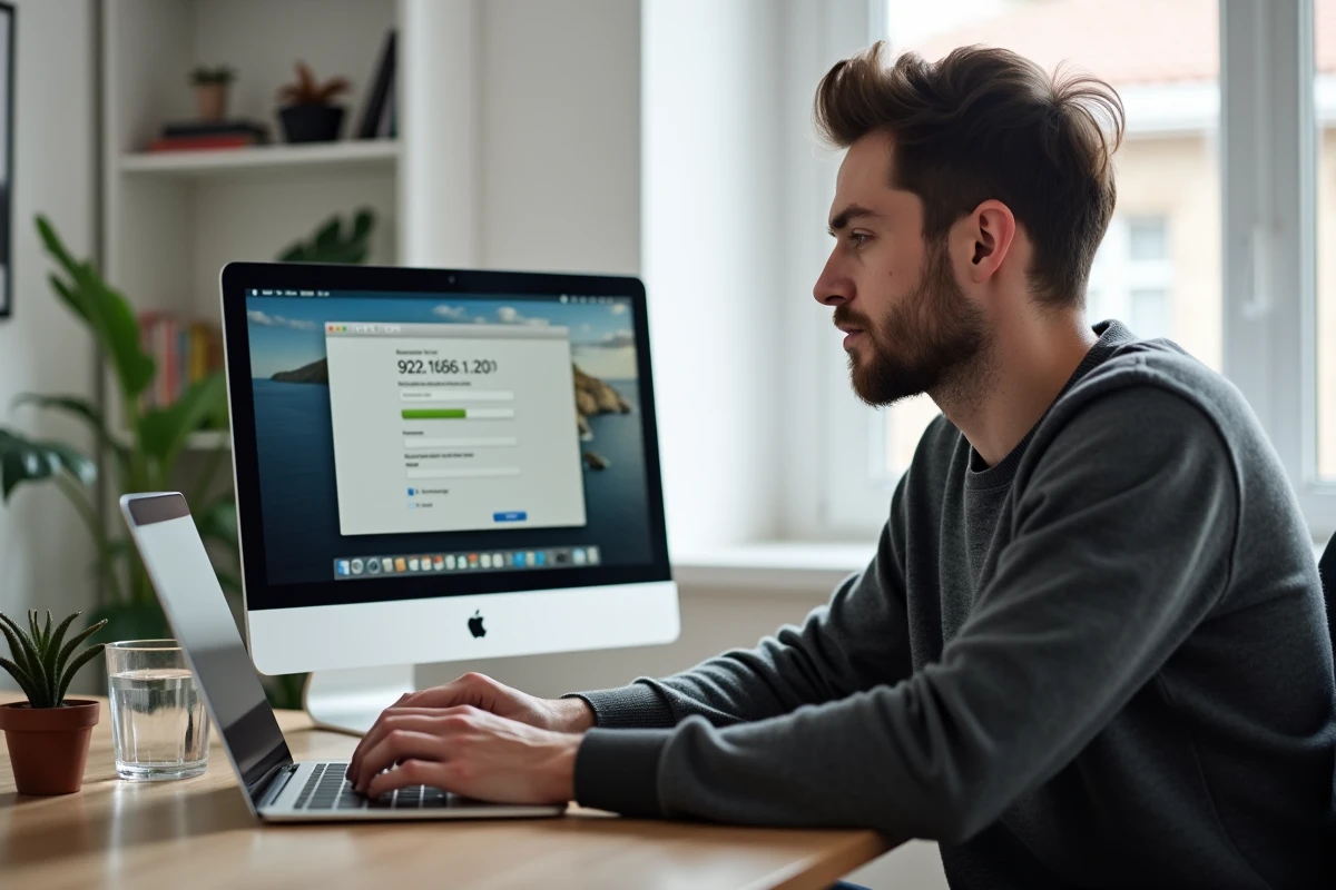 Homme configurant une adresse IP 192.168.1.230 sur un MacBook Pro dans un bureau à domicile