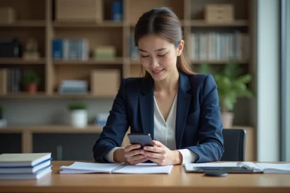 Femme configurant la messagerie académique de Poitiers sur smartphone Android dans un bureau universitaire