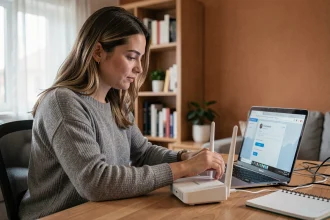 Femme configurant sa Freebox Pop en se connectant au portail mafreeboxfreebox fr sur un ordinateur portable