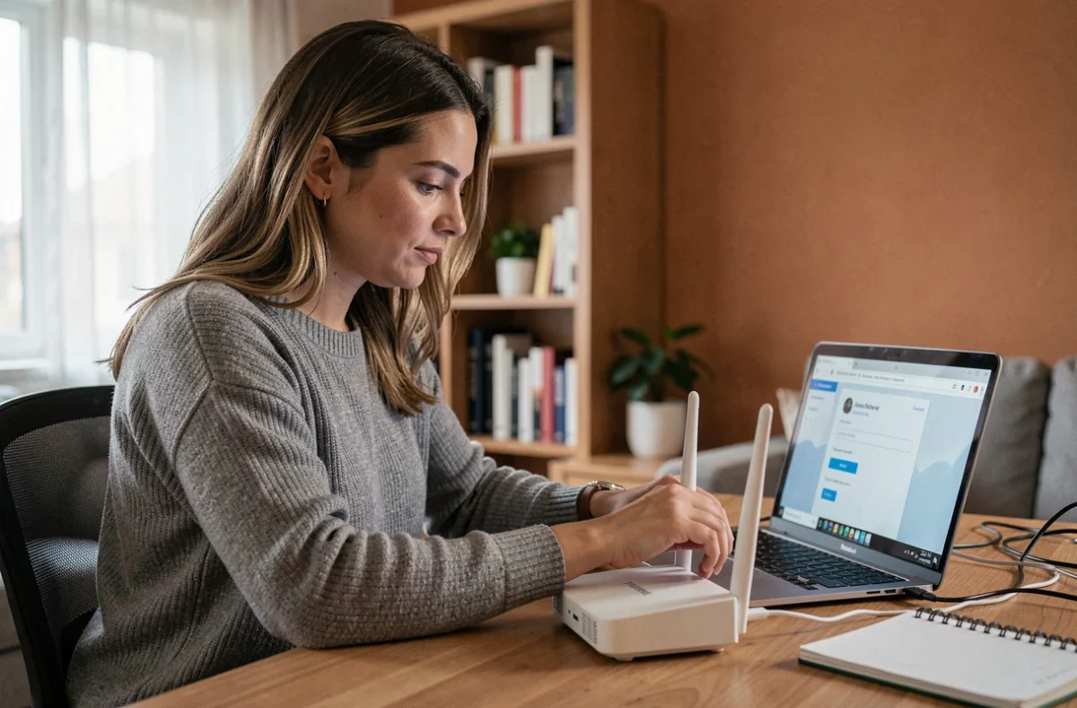 Femme configurant sa Freebox Pop en se connectant au portail mafreeboxfreebox fr sur un ordinateur portable