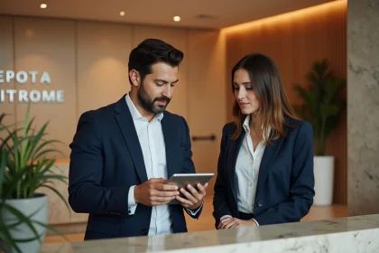 Consultant IT discutant avec un responsable hôtelier devant le comptoir de réception d'un hôtel moderne, illustrant le choix entre un intégrateur local et une solution spécialisée hôtelière