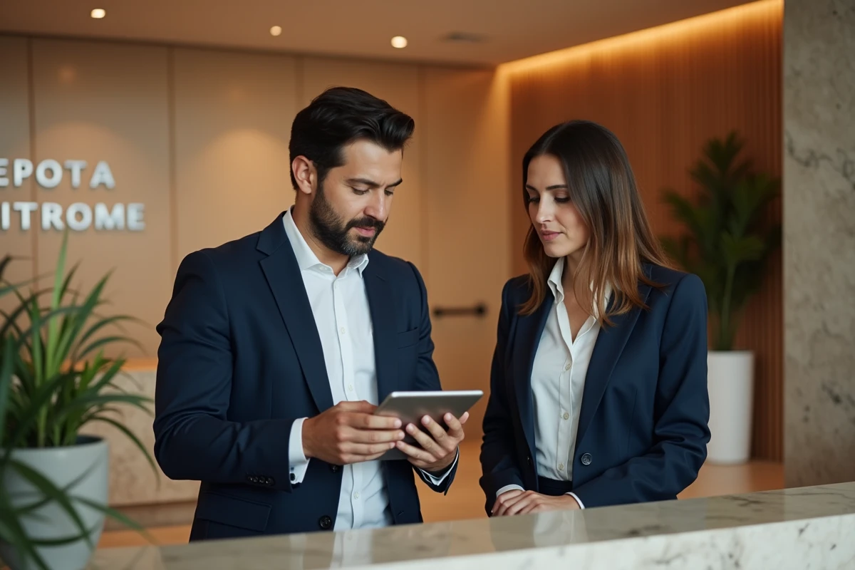 Consultant IT discutant avec un responsable hôtelier devant le comptoir de réception d'un hôtel moderne, illustrant le choix entre un intégrateur local et une solution spécialisée hôtelière
