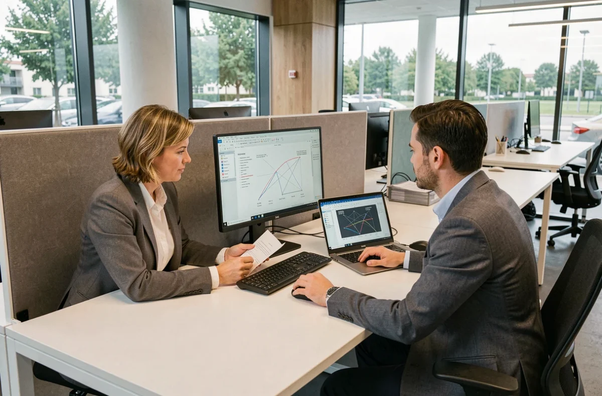 Deux consultants informatiques analysent un audit réseau dans un bureau moderne du Val-d'Oise