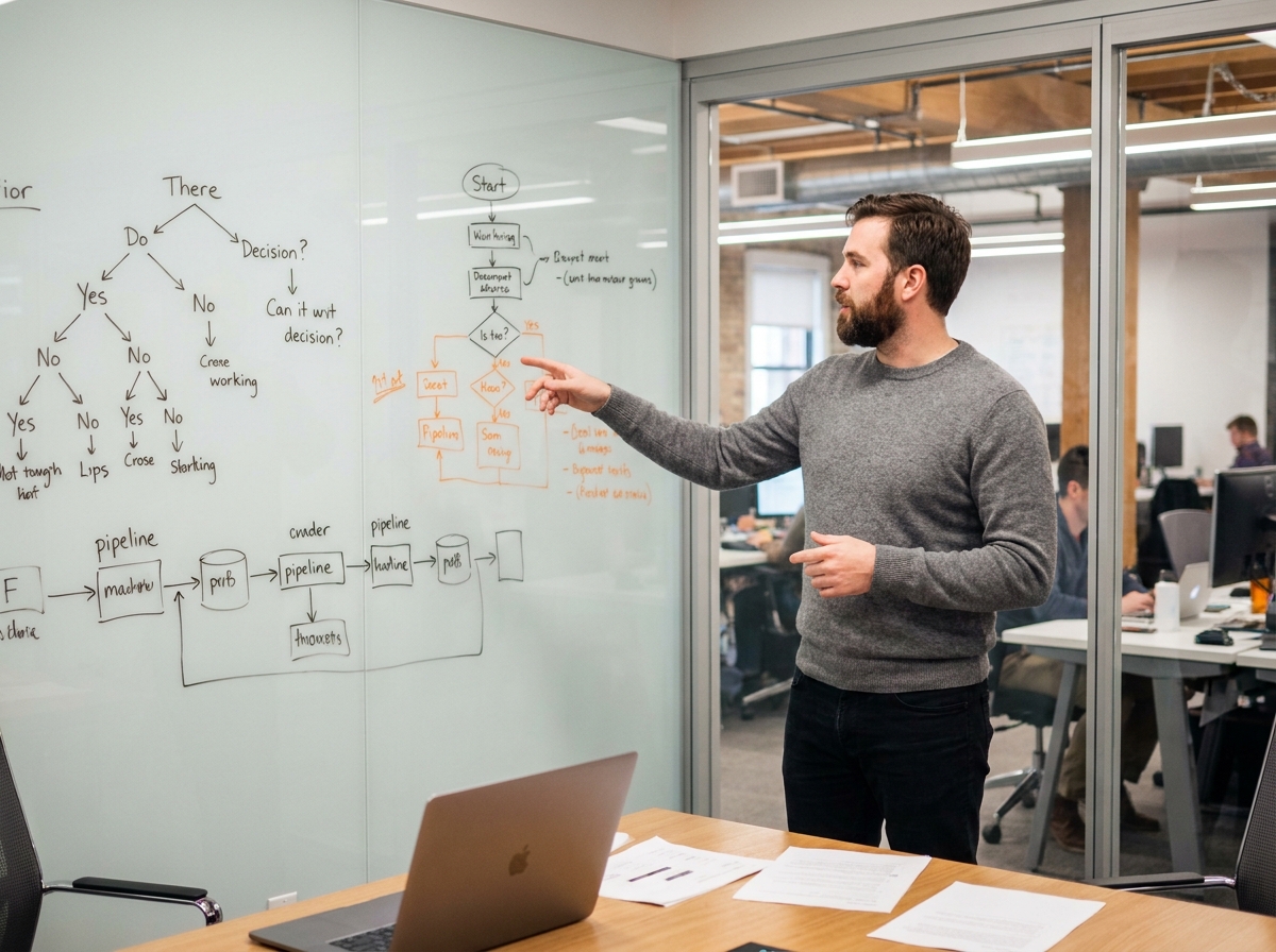 Développeur expliquant l'architecture de contrôle d'agents IA sur un tableau blanc dans une salle de réunion
