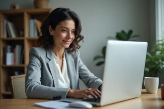 Femme utilisant un outil de conversion PDF en Word sur son ordinateur portable dans un bureau à domicile
