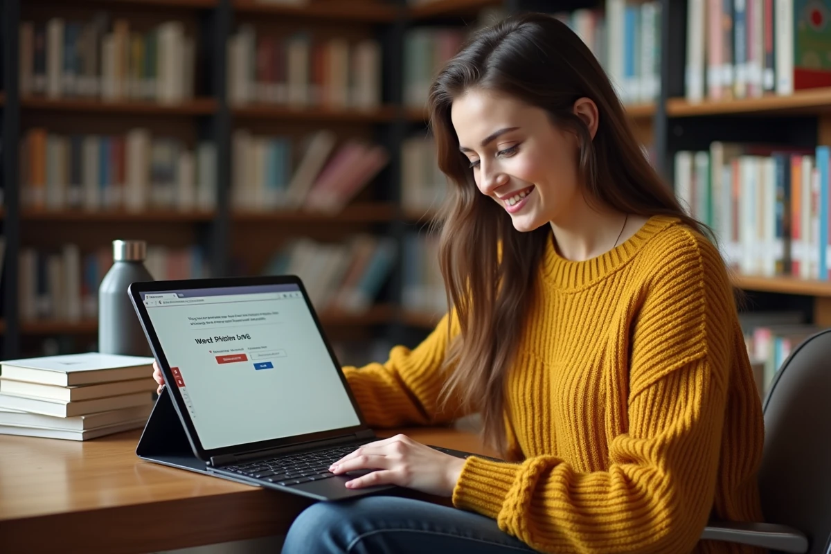 Jeune femme convertissant un fichier PDF en Word depuis une tablette dans une bibliothèque universitaire